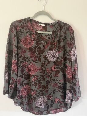 Floral V-Neck Long Sleeve Top - Pink on Green